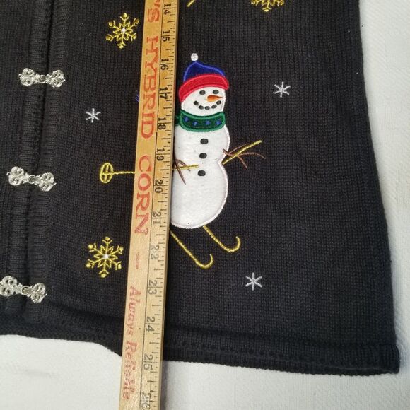 Crystal Kobe Snowman Skiing Ugly Christmas Cardigan Sweater Black Silver Medium - Picture 10 of 11